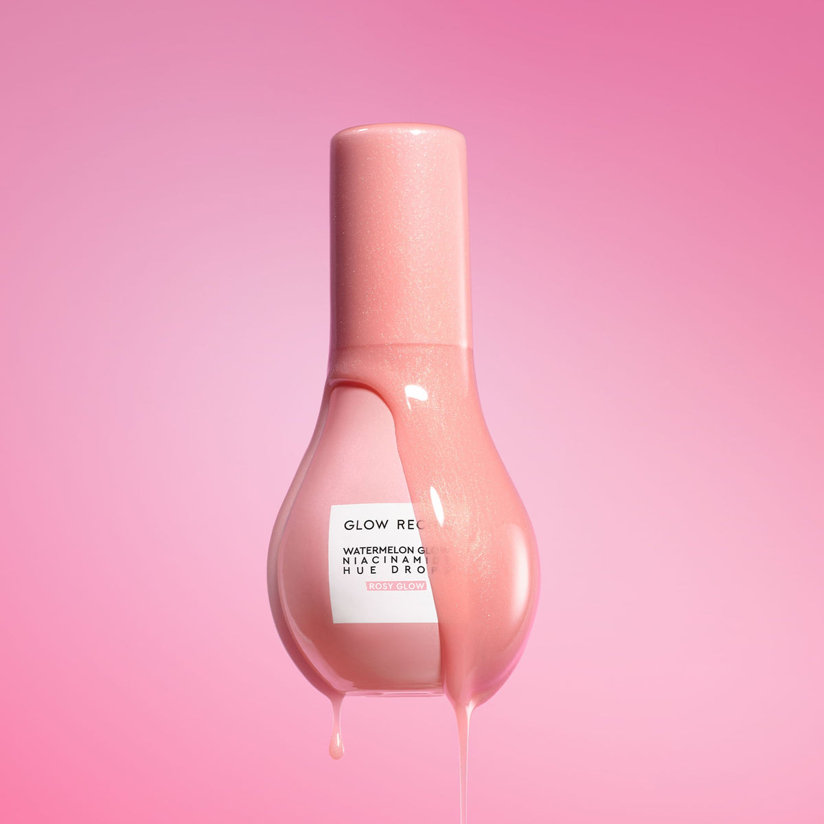 Watermelon Glow Niacinamide Hue Drops in Rosy Glow shade, showing its soft pink, illuminating finish.