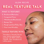 Close-up of Glow Recipe Strawberry Smooth Serum's texture, illustrating its gentle daily clarifying formula for breakout-prone skin.