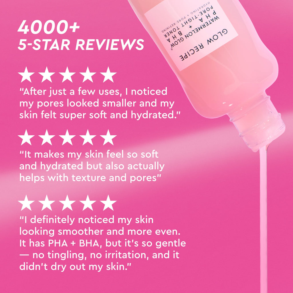 Glow Recipe Dew It Yourself Toner Pads Masking Kit infographic showcasing five-star customer reviews of the toner pads.