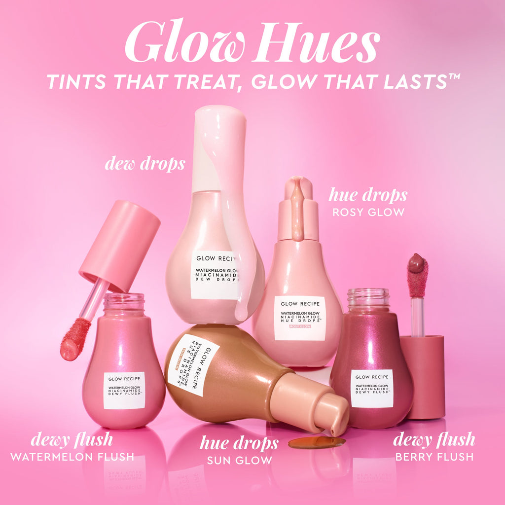 Cross-promotional infographic pairing Watermelon Glow Niacinamide Hue Drops with Glow Recipe's Dewy Flush tinted serum.