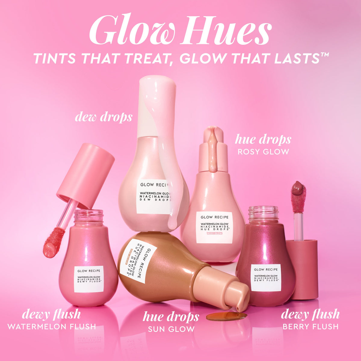 Cross-promotional infographic pairing Watermelon Glow Niacinamide Hue Drops with Glow Recipe's Dewy Flush tinted serum.