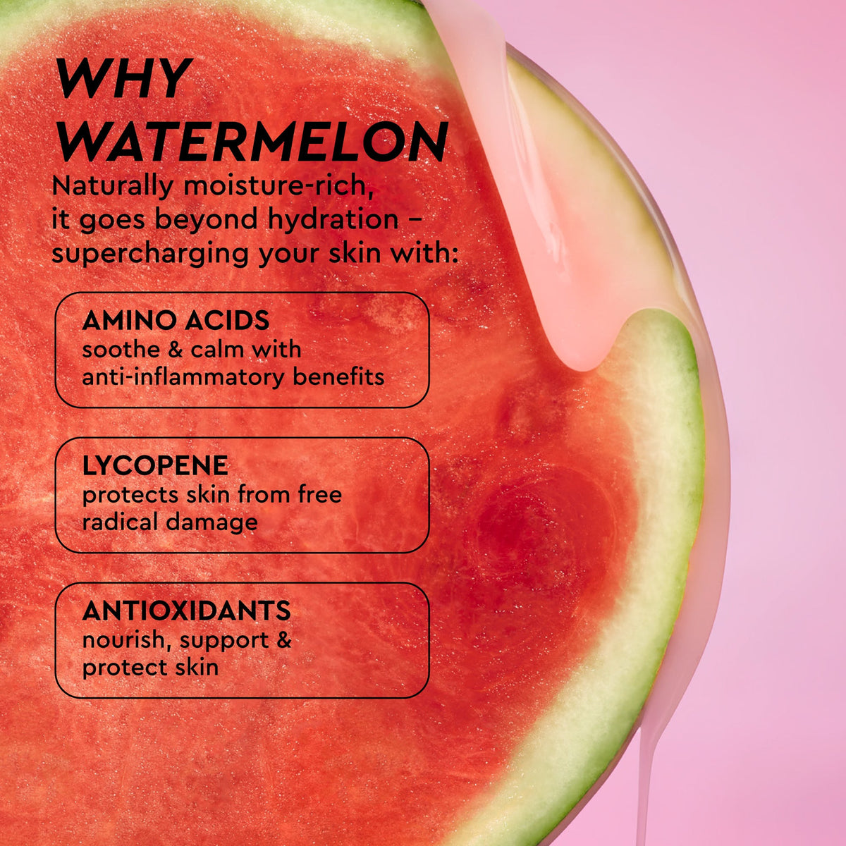 Sliced watermelon graphic explaining the fruit's hydrating, pore-refining benefits used in the Watermelon Glow Toner formula.