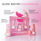 Glow Recipe x Beautyblender Watermelon Glow Best-Sellers Kit infographic introducing the four-piece skin-prep and glow set.
