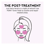 Face-mapping diagram showing where to press the toner pad across the forehead, cheeks, and chin for redness relief.