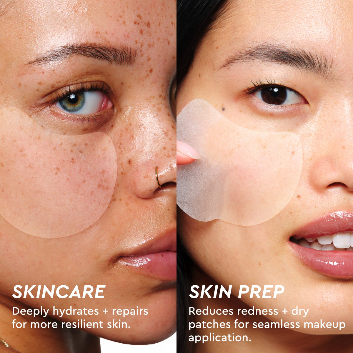 Infographic comparing skin before and after use, showing visibly reduced redness and a smoother, more resilient texture.
