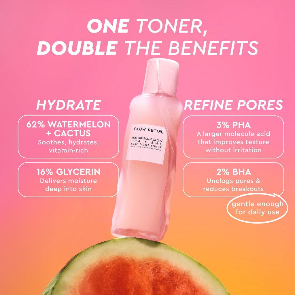 Glow Recipe watermelon-aloe-bha toner bottle with product features on a pink and orange gradient background