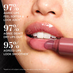 Claims infographic outlining the skincare benefits of the Fig Glass Balm lip tint in this Lip & Cheek Kit.