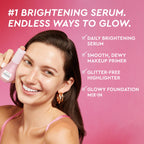 Woman applying a brightening serum with text highlighting its uses on a pink background
