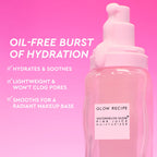 Pink bottle of Glow Recipe moisturizer with text on a pink background
