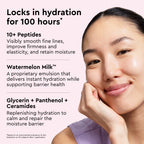 Glow Recipe Watermelon Milk Peptide Cushion Cream infographic on its 10+ peptides and Watermelon Milk hydration complex
