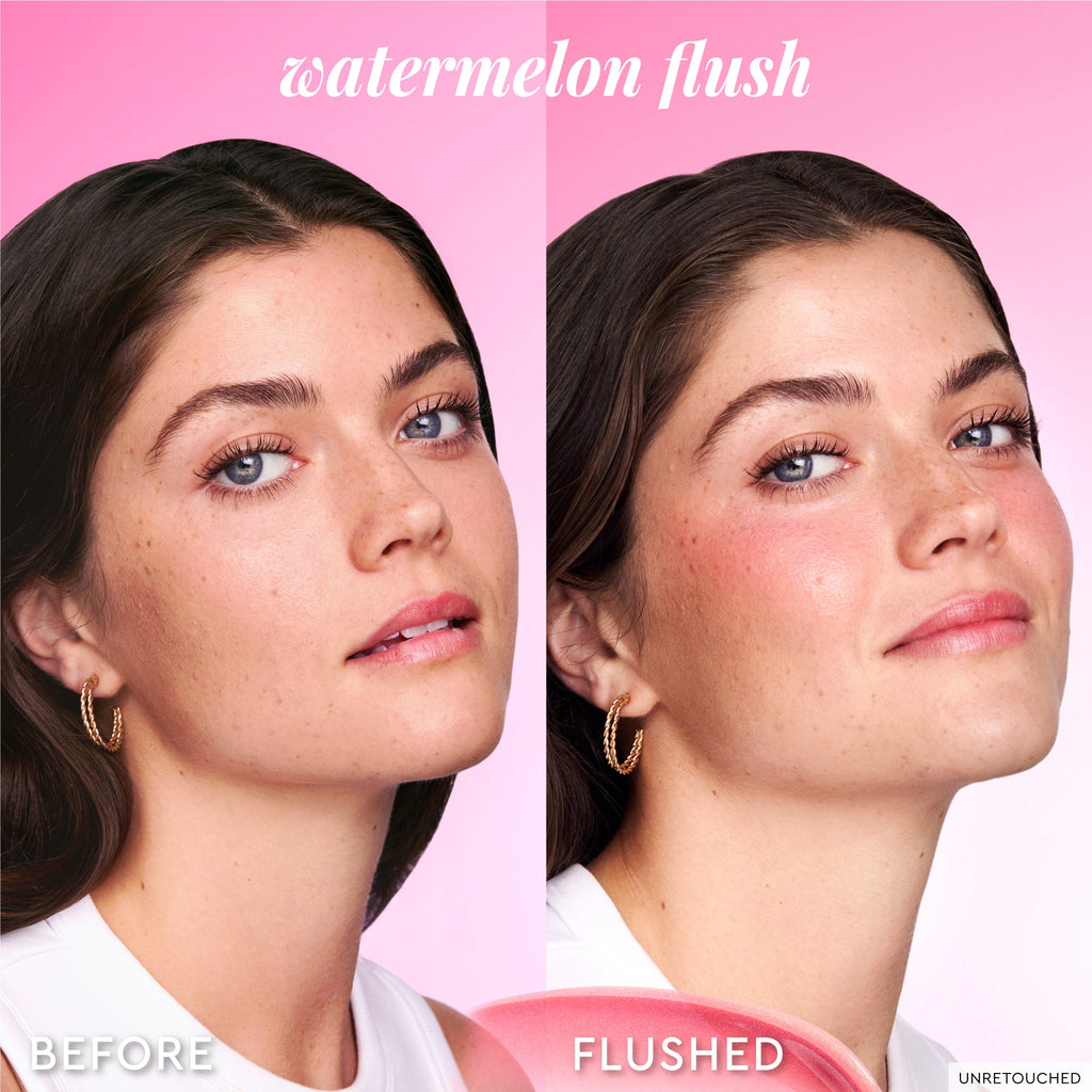 A tenth before-and-after frame shows how Watermelon Flush builds from sheer to a soft pink flush.
