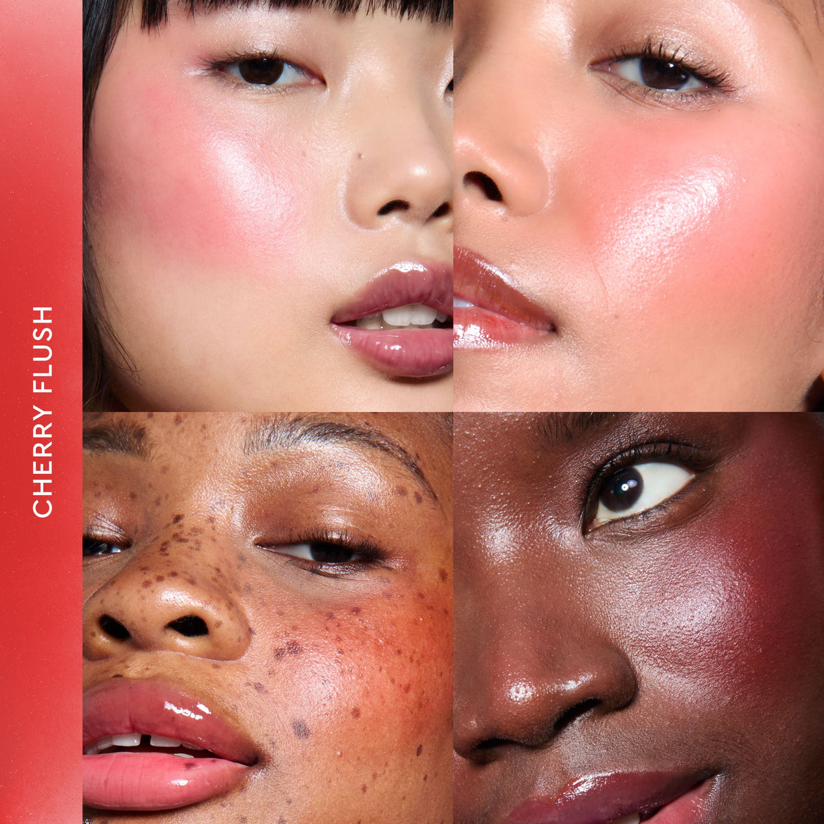 Cherry Flush appears as a swatch chip within a grid comparing all four Dewy Flush shades side by side.