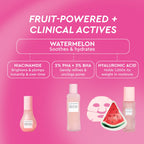 Skincare products with watermelon-themed packaging on a pink background