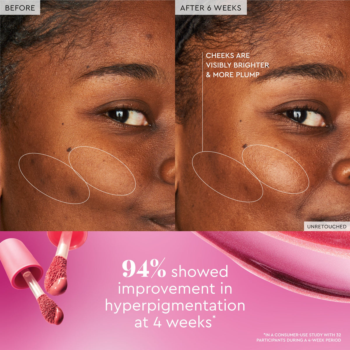An earlier before-and-after shoot compares bare skin to cheeks tinted with Watermelon Flush.