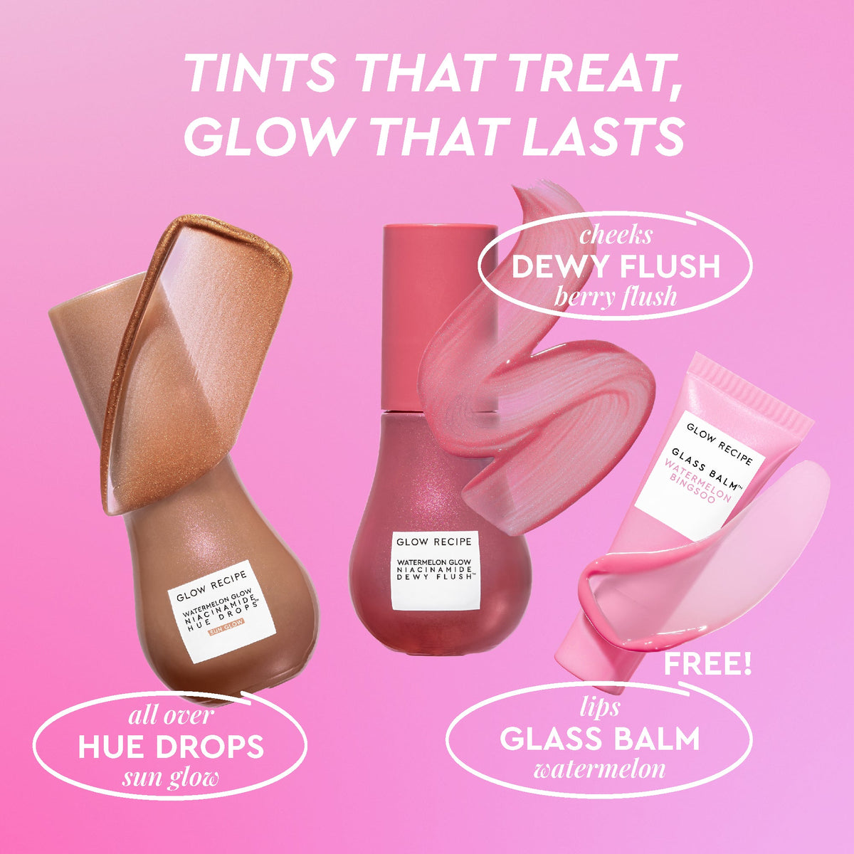 Glow Recipe Best of Glow Hues Kit product set shot showing the Hue Drops, Dewy Flush, and Glass Balm minis together.