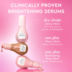 Infographic outlining how Watermelon Glow Niacinamide Hue Drops brightens and hydrates skin in either sheer tint.