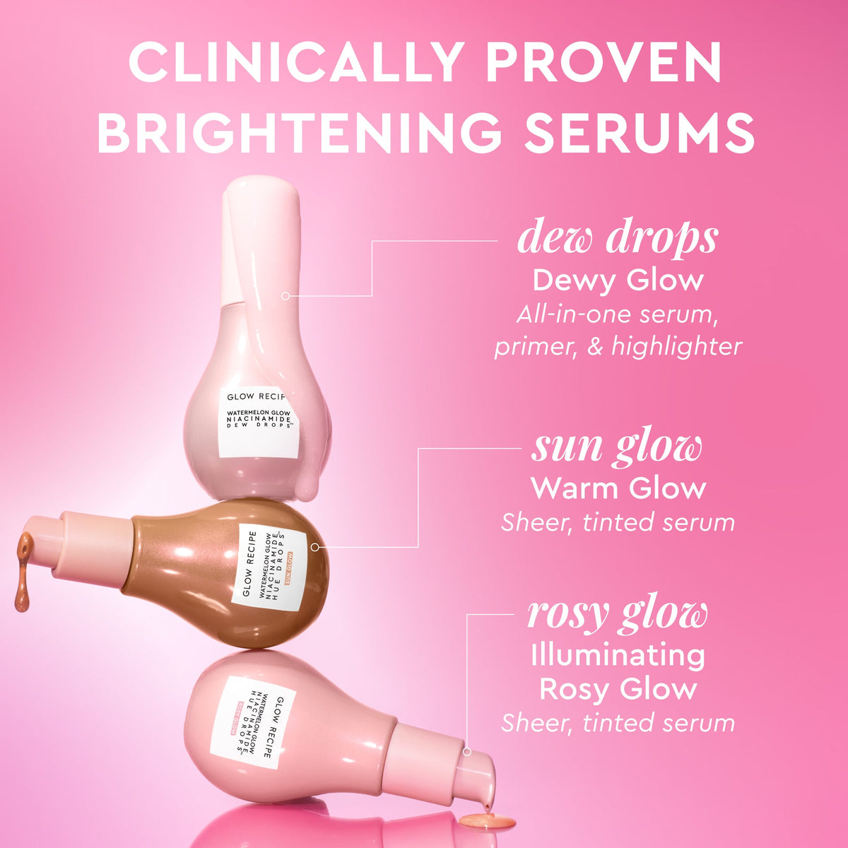Infographic outlining how Watermelon Glow Niacinamide Hue Drops brightens and hydrates skin in either sheer tint.