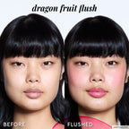 A before-and-after split shows bare cheeks transformed by one layer of sheer Dragon Fruit Flush tint.