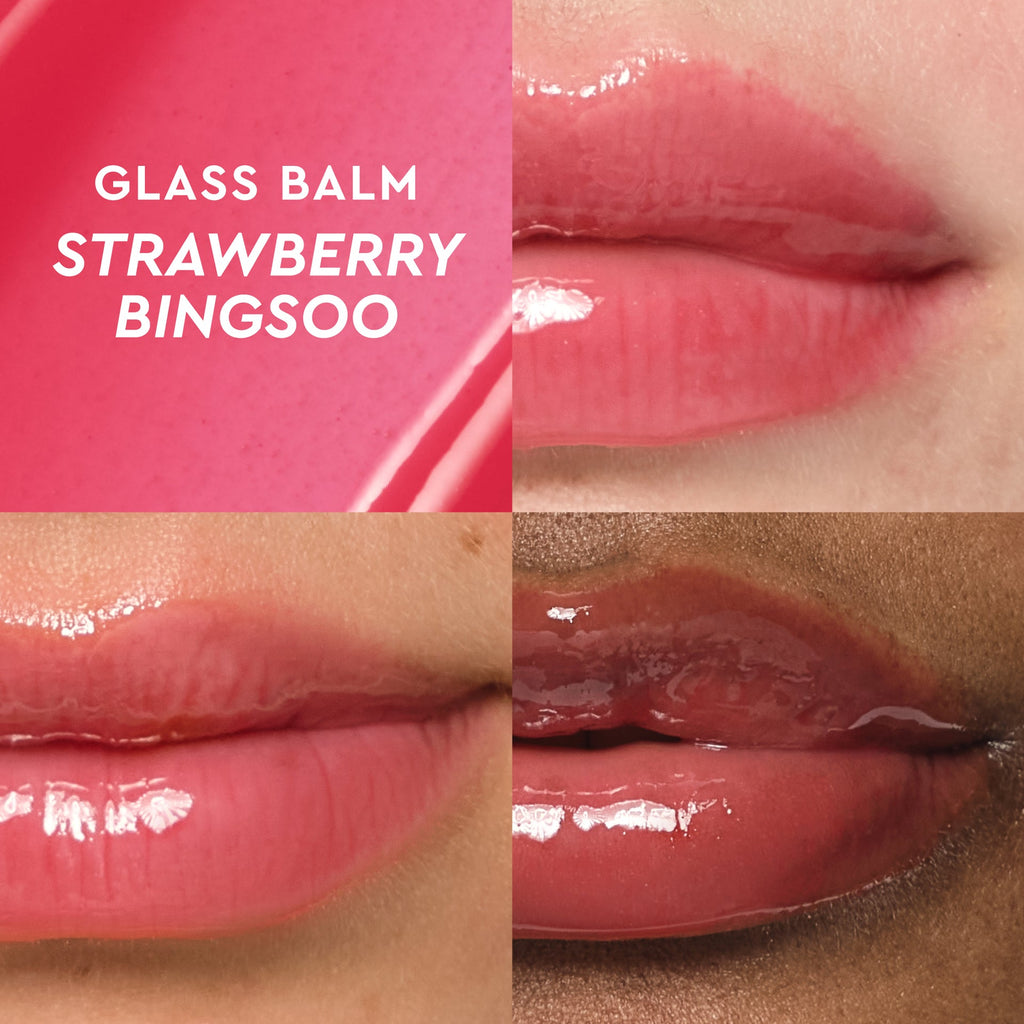 Shade grid infographic comparing the Strawberry Glass Balm lip tint swatches in the Strawberry + Cherry Kit.