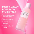 Glow Recipe skincare bottle on a pink background with product benefits listed.