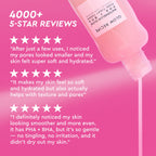 Product bottle with customer 5-star reviews on a pink background
