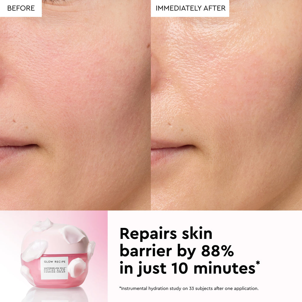 Glow Recipe Glass Skin Roll Bag Kit before-and-after slide showing hydrated, reflective glass skin results