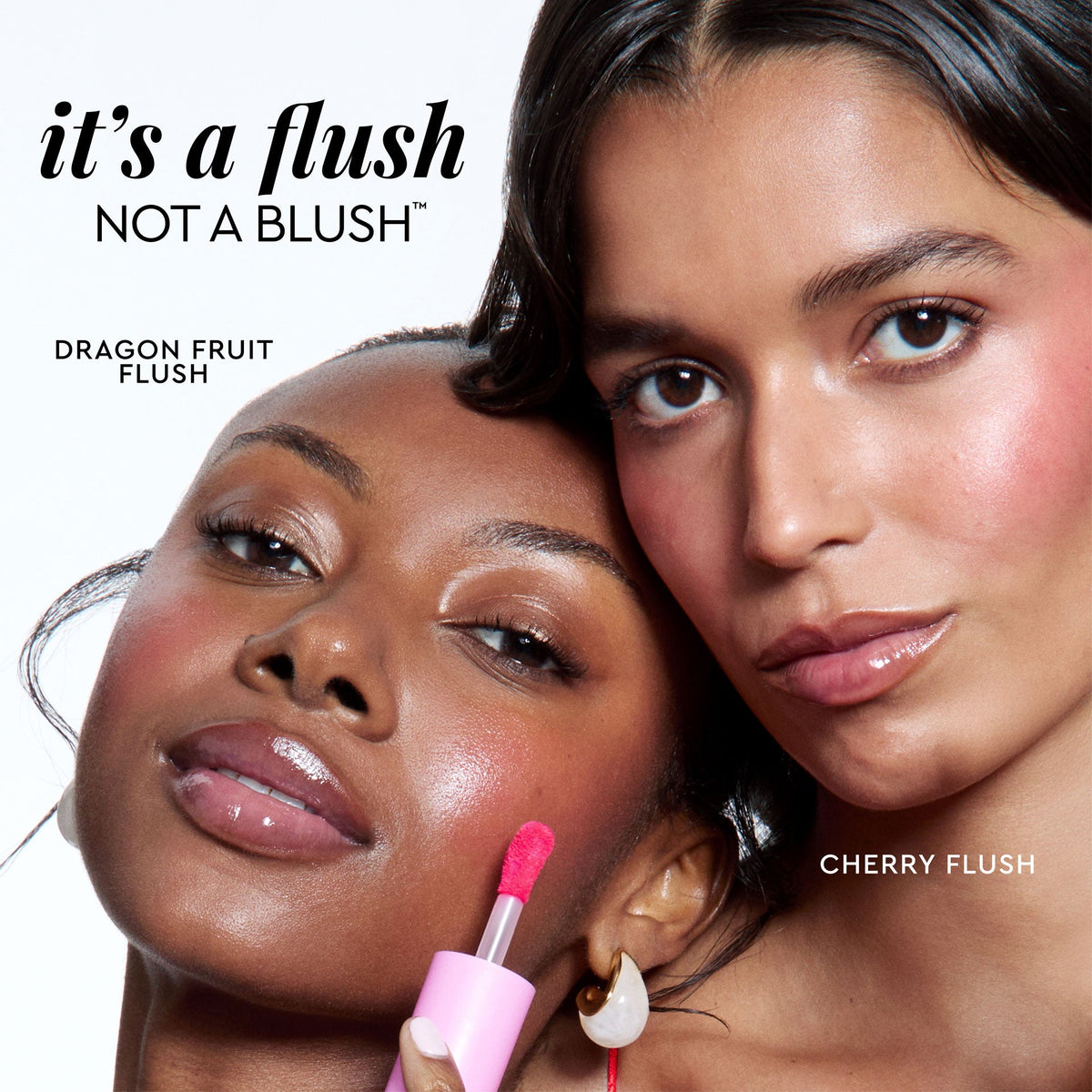 An infographic pairs Cherry Flush with benefit callouts for brightening dark spots and hydrating a dewy cheek finish.