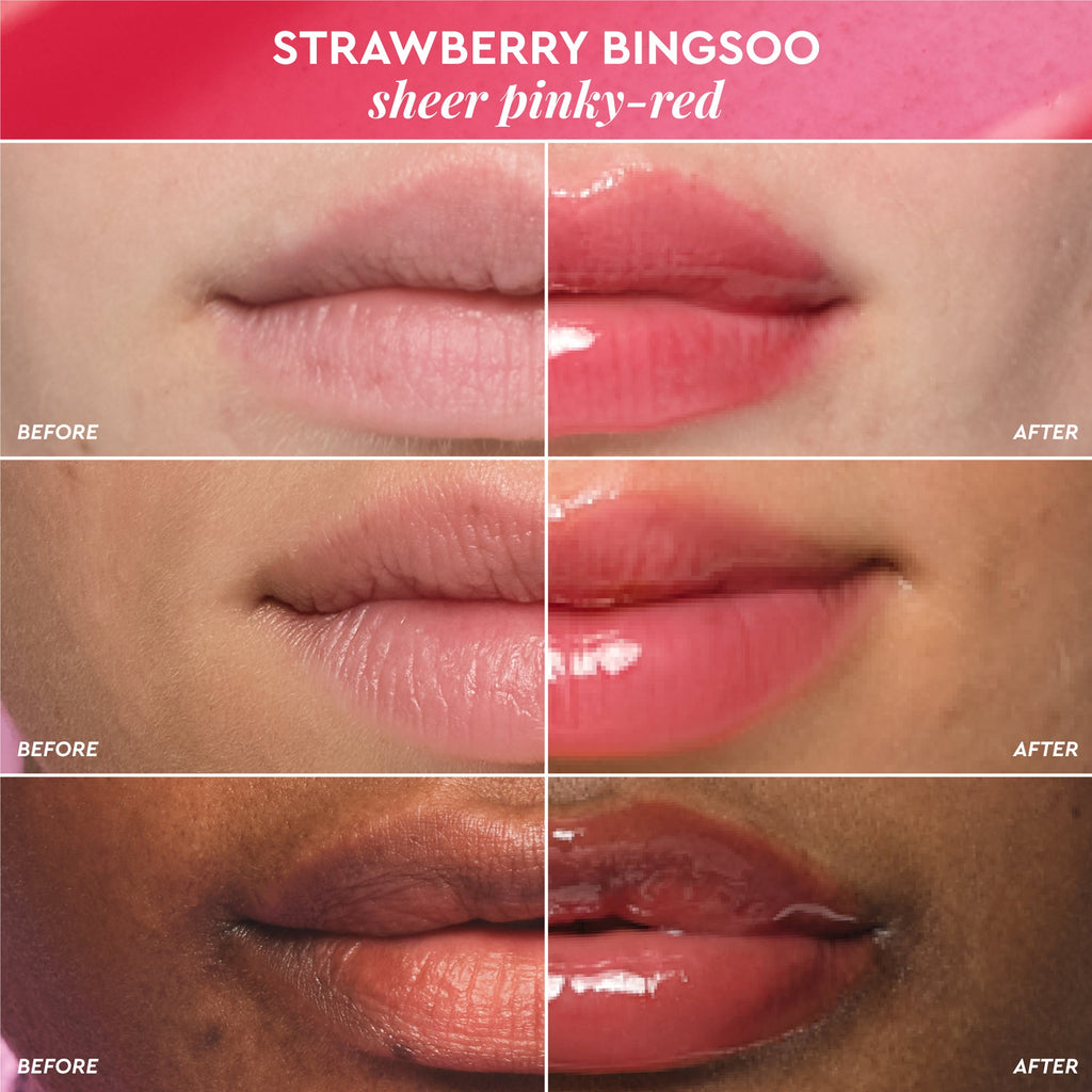 Before-and-after infographic showing lip results from the Strawberry Glass Balm tint in the Strawberry + Cherry Kit.
