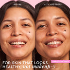 Before-and-after comparison of Watermelon Glow Niacinamide Hue Drops in Sun Glow, showing its sheer, brightening tint on skin.
