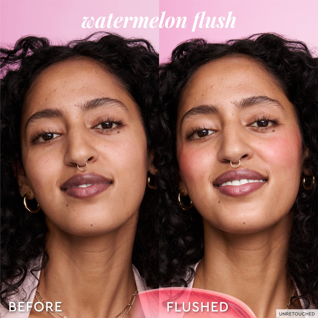 Before-and-after grid showing the glow left by the Fig-shade Dewy Flush tint in the Fig + Watermelon Kit.