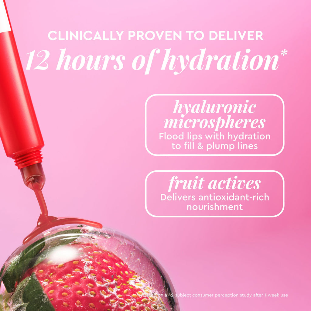 Ingredient callout infographic for the Strawberry Glass Balm lip tint from the Strawberry + Cherry Lip & Cheek Kit.