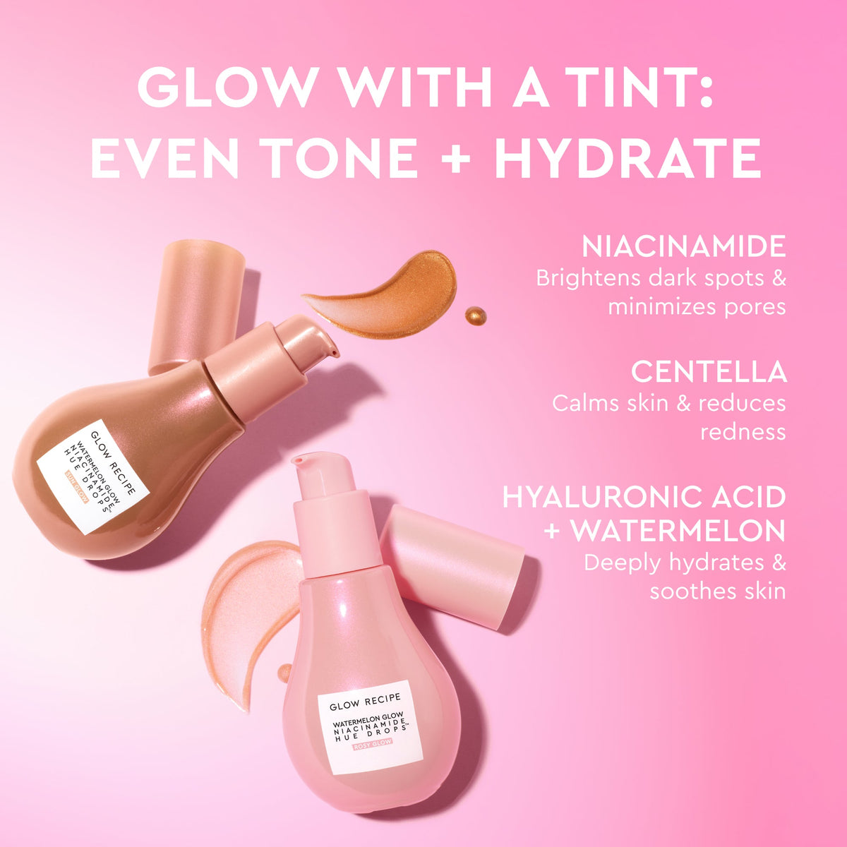 Infographic comparing the Sun Glow and Rosy Glow finishes of Watermelon Glow Niacinamide Hue Drops side by side.