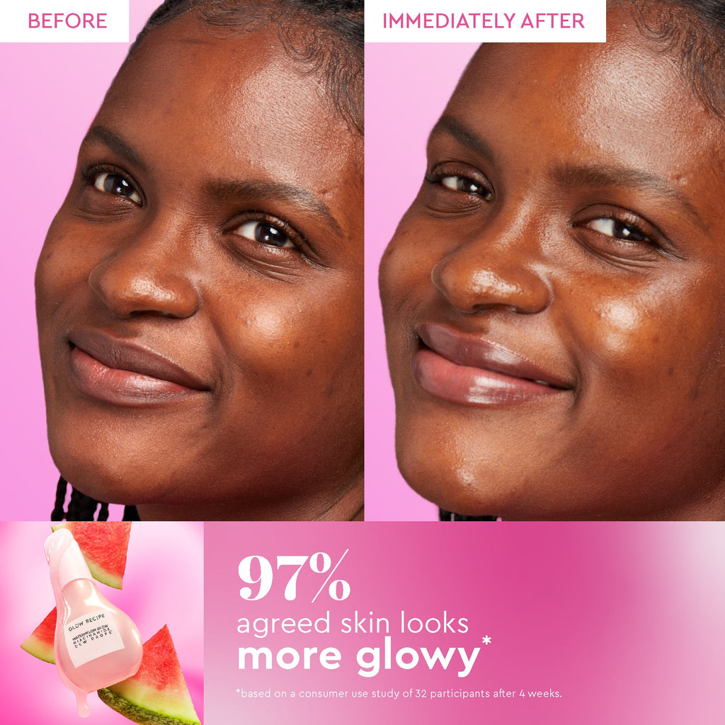 Before and after comparison of a woman's face with text indicating skin glow improvement.