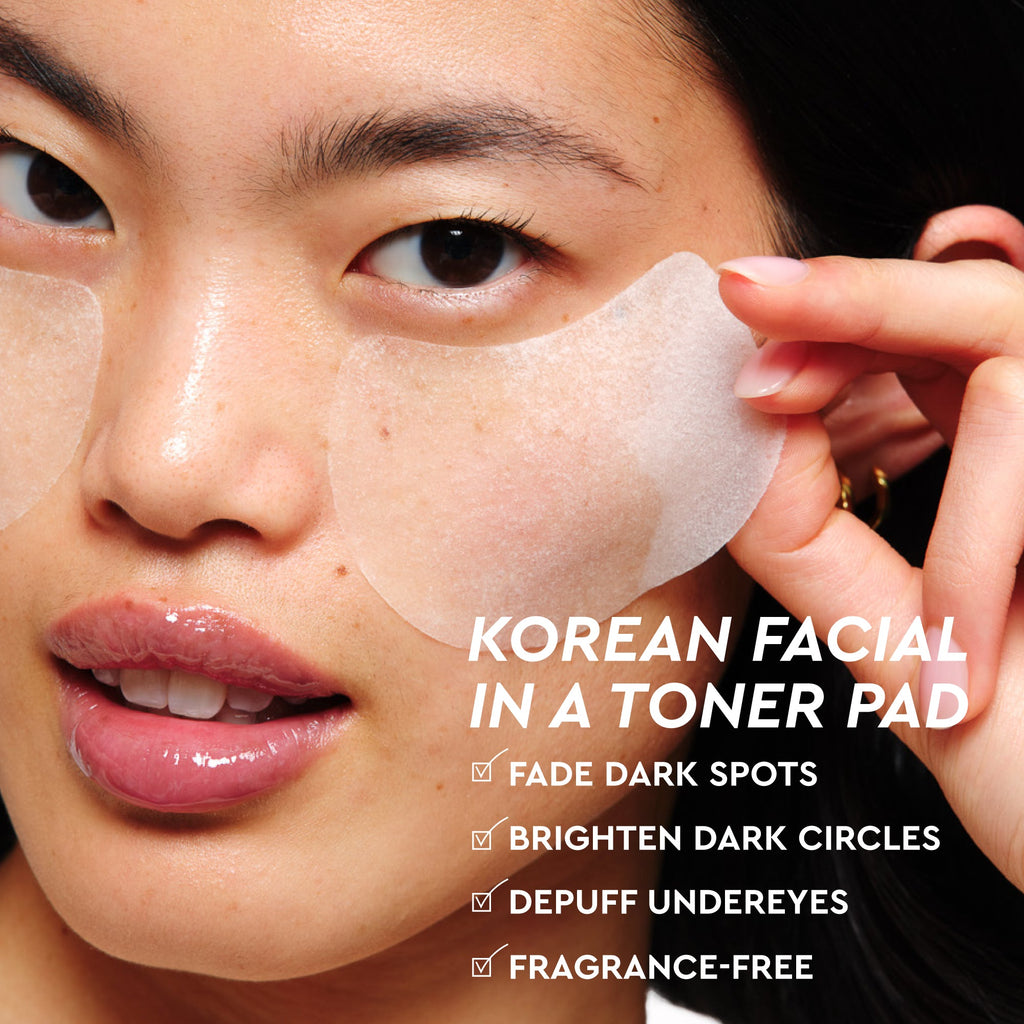 Glow Recipe Vitamin C Brightening Korean Toner Pads infographic introducing Vitamin C, Glutathione, and Caffeine benefits.