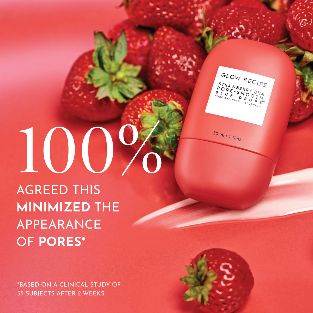 Infographic on Glow Recipe Strawberry BHA Pore-Smooth Blur Drops' encapsulated BHA and strawberry enzymes that reduce pore size.