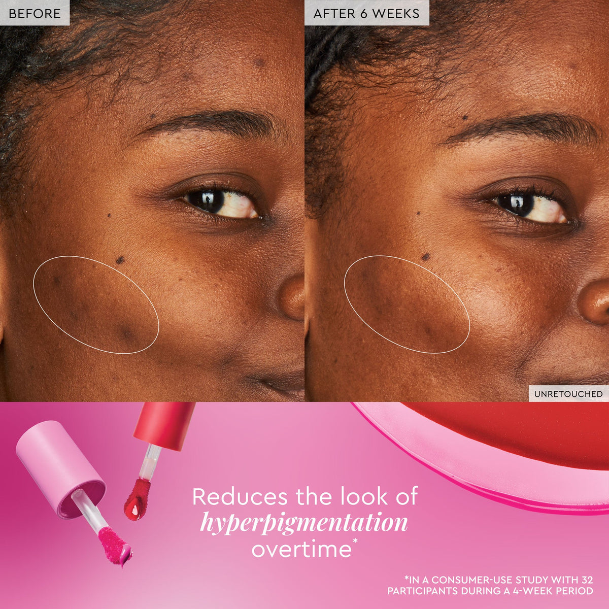 A before-and-after graphic layers a brightening claim over bare skin next to cheeks flushed with Cherry Flush.