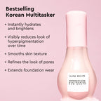 Glow Recipe Watermelon Glow Niacinamide Dew Drops infographic introducing its instant and long-term dewy glow benefits.