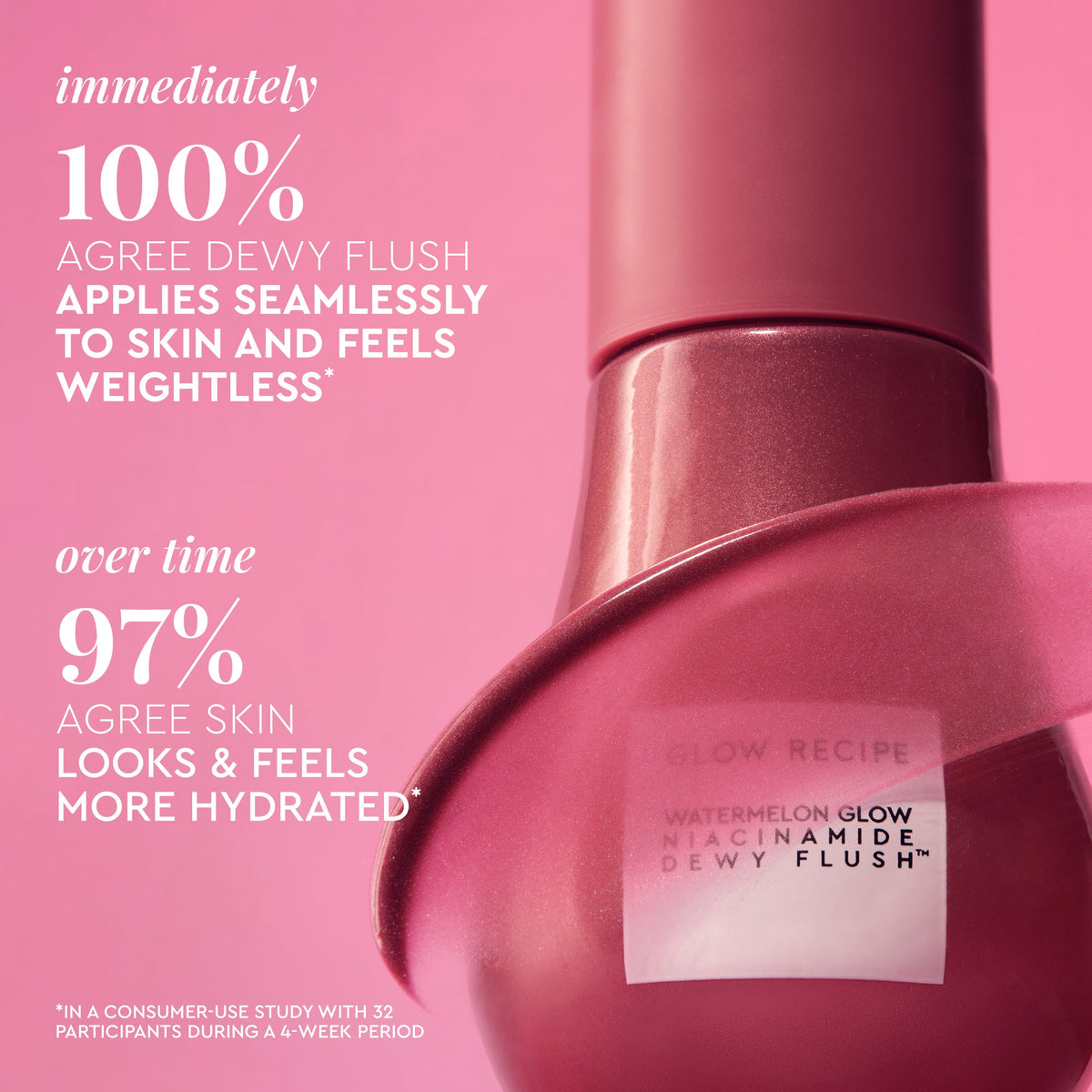 A product infographic shows Berry Flush's warm plum hue and how it melts into skin.