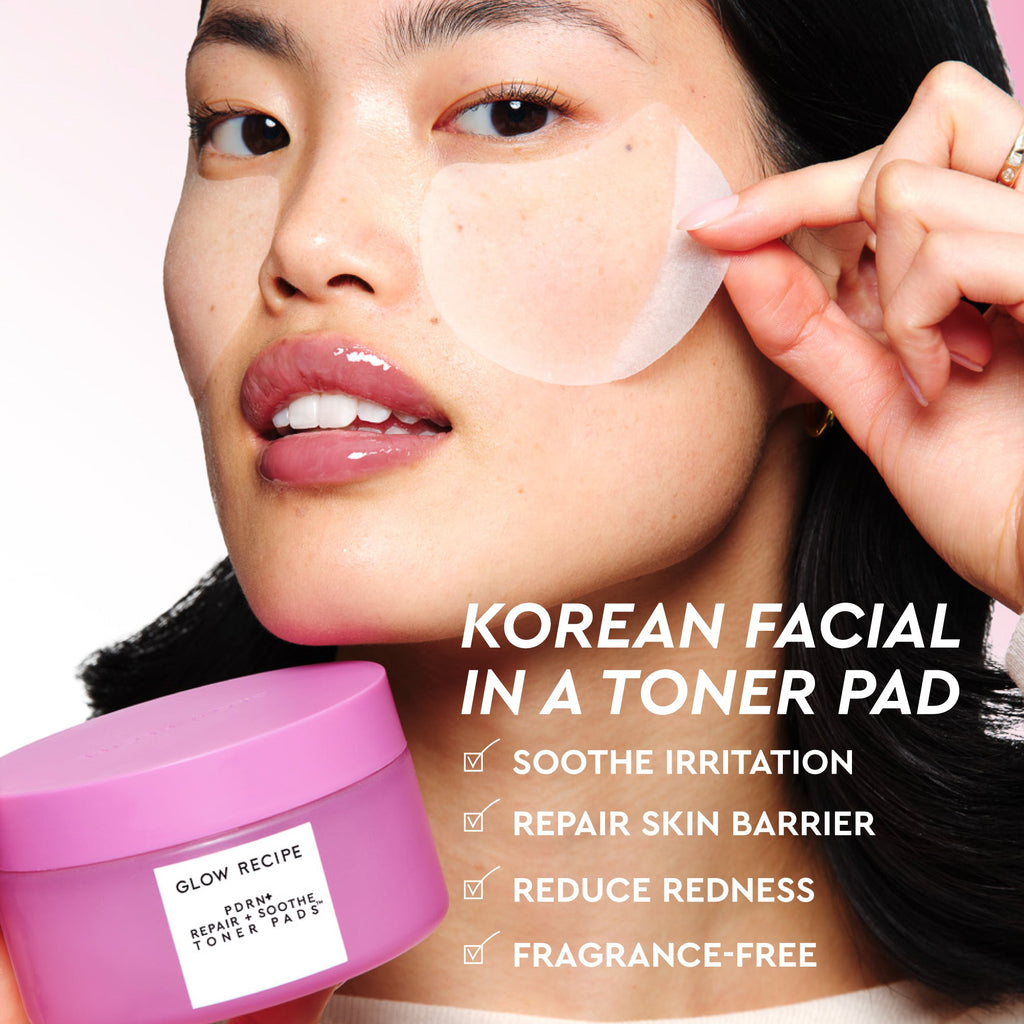 Glow Recipe PDRN+ Repair + Soothe Korean Toner Pads infographic introducing vegan PDRN+ for skin barrier repair.