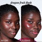 A third before-and-after close-up demonstrates how sheer Dragon Fruit Flush blends evenly into skin.