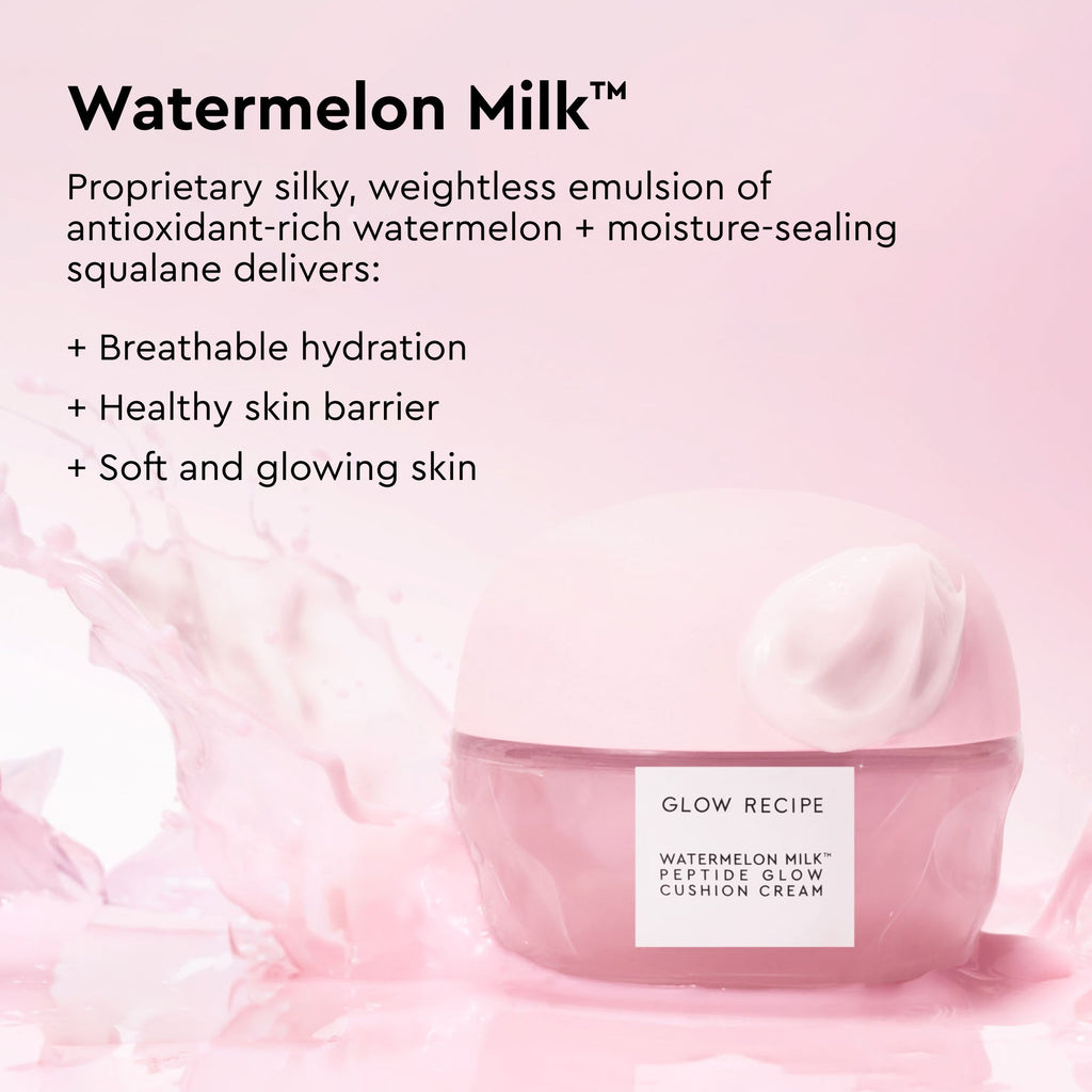 Glow Recipe Glass Skin Roll Bag Kit infographic on the Watermelon Milk Peptide Cushion Cream's hydrating benefits