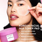 Glow Recipe Korean Toner Pad Trial & Travel Kit infographic introducing the PDRN+ Repair + Soothe Toner Pad sachets.