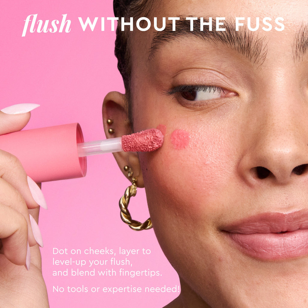 An infographic details Berry Flush's dewy finish alongside the product bottle shot.