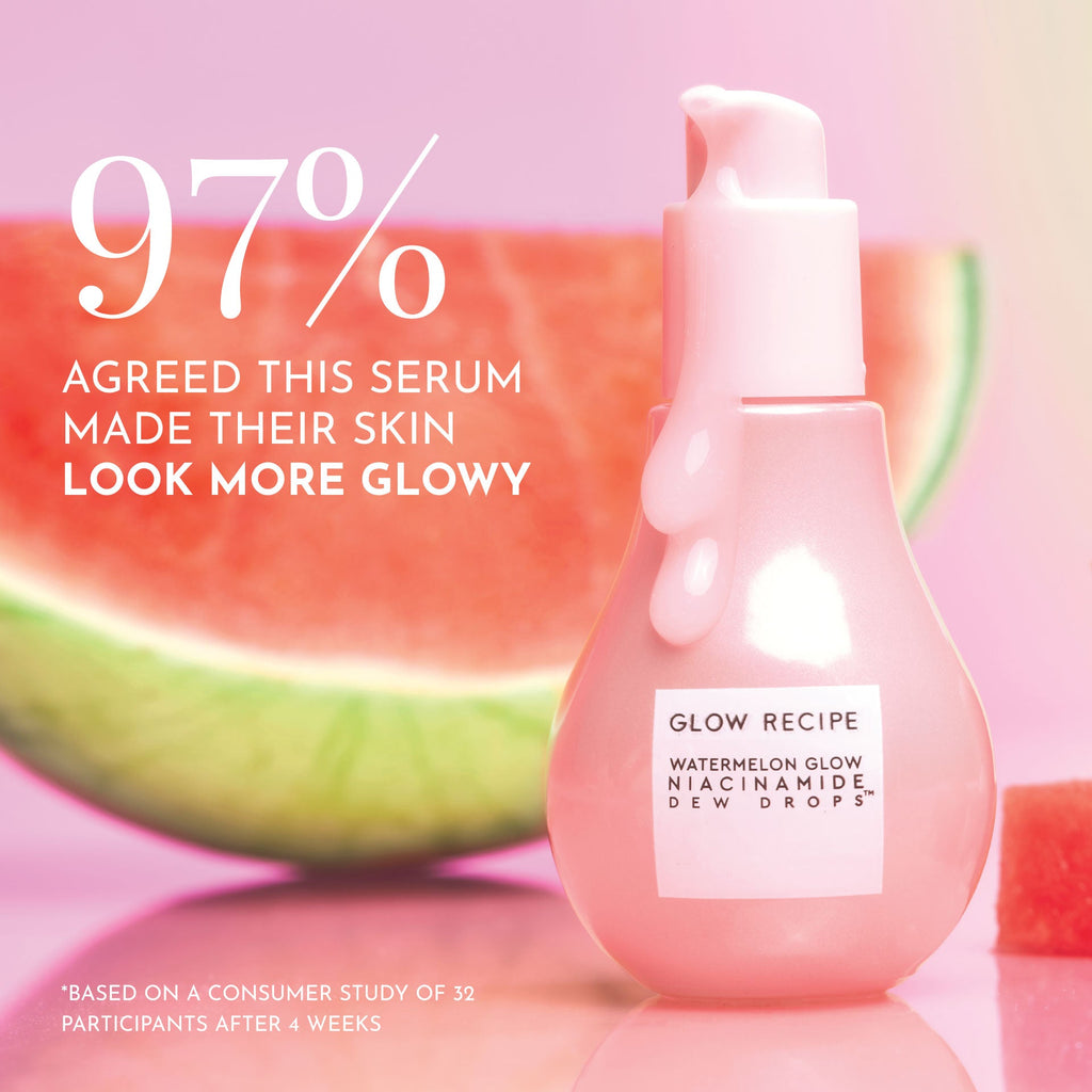 Glow Recipe Watermelon Glow Niacinamide Dew Drops claim graphic highlighting its mica-free, gray-cast-free glow finish.