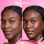 A fifth before-and-after frame highlights the natural dewy finish Berry Flush leaves on cheeks.