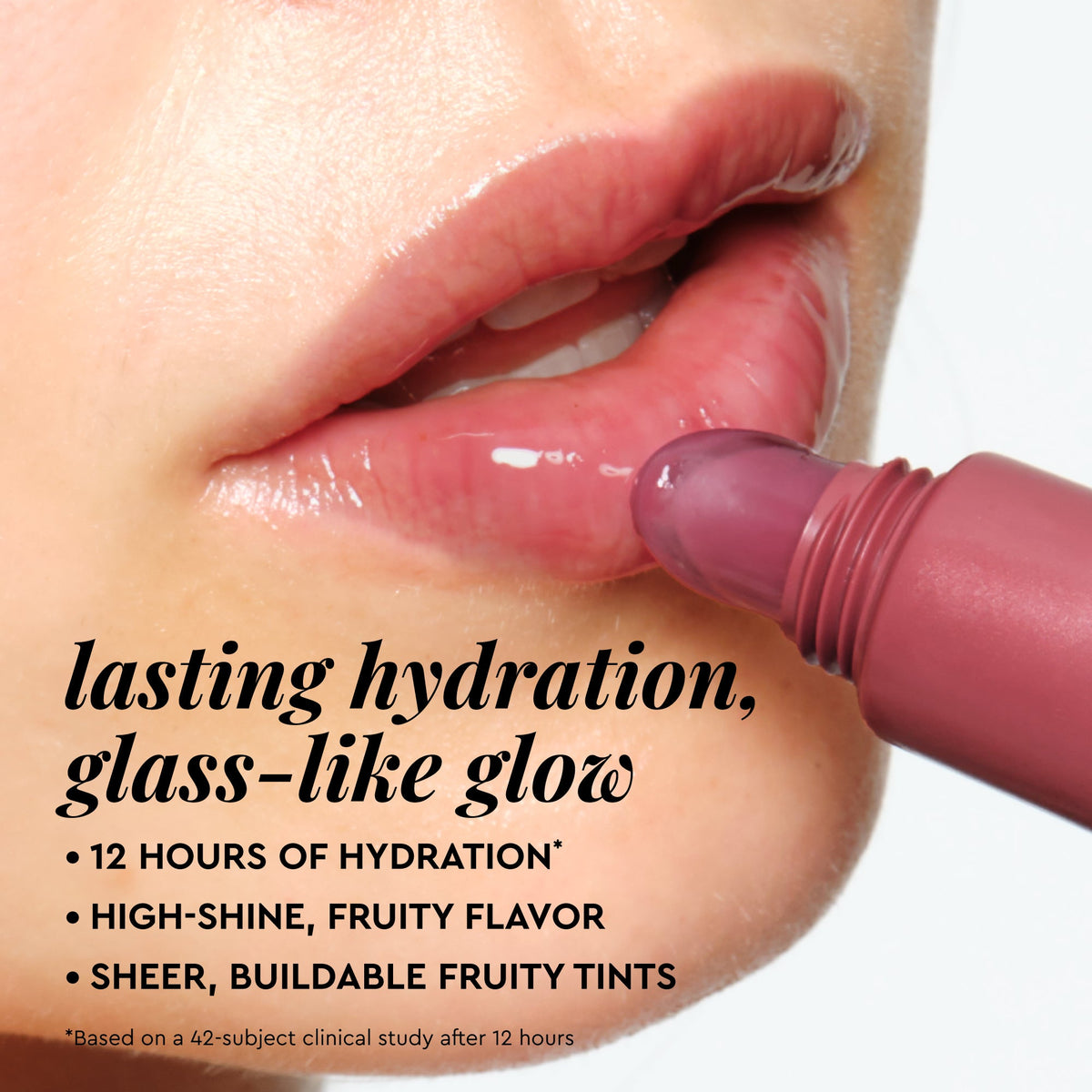Benefit infographic detailing what the Fig Glass Balm lip tint does for lips in the Fig + Watermelon Kit.