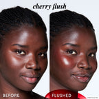 A before-and-after split shows bare cheeks transformed by one layer of sheer Cherry Flush tint.