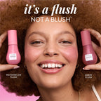 A before-and-after image shows bare cheeks warmed by a single sheer layer of Watermelon Flush.