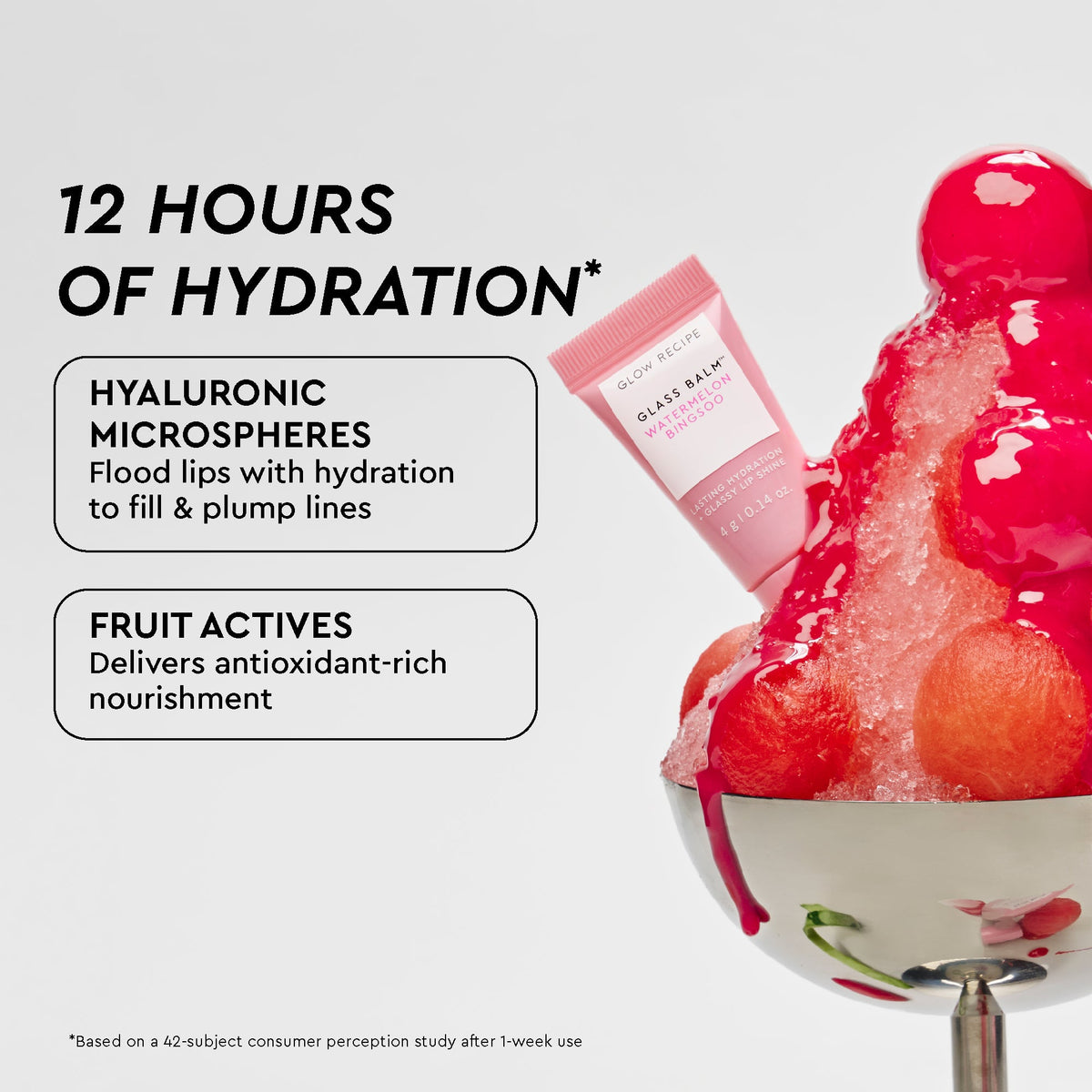 Glow Recipe Best of Glow Hues Kit infographic highlighting the Glass Balm's watermelon-powered hydration claims.