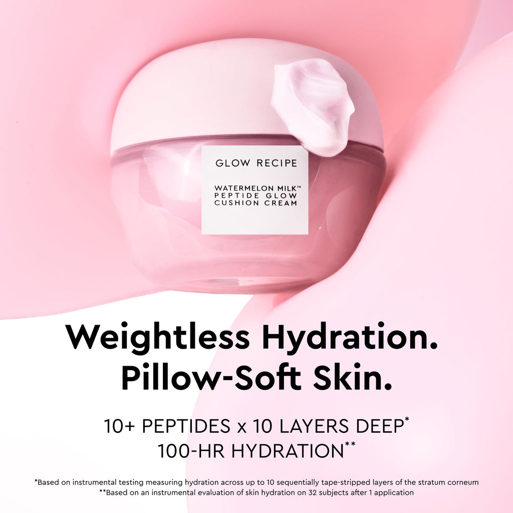Glow Recipe Watermelon Milk Peptide Cushion Cream infographic introducing the fragrance-free, silicone-free formula